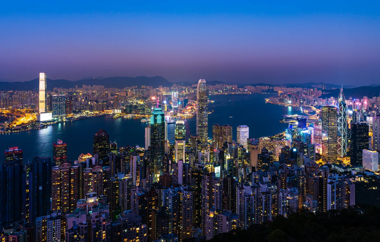 Photo wallpaper world, twilight, sunset, city lights, blue hour, Victoria Harbour, Hong Kong City Skyline