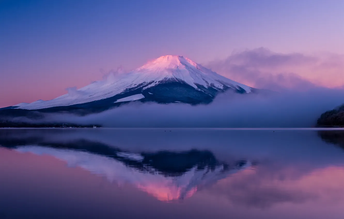 Photo wallpaper the sky, clouds, fog, lake, reflection, island, mountain, the evening