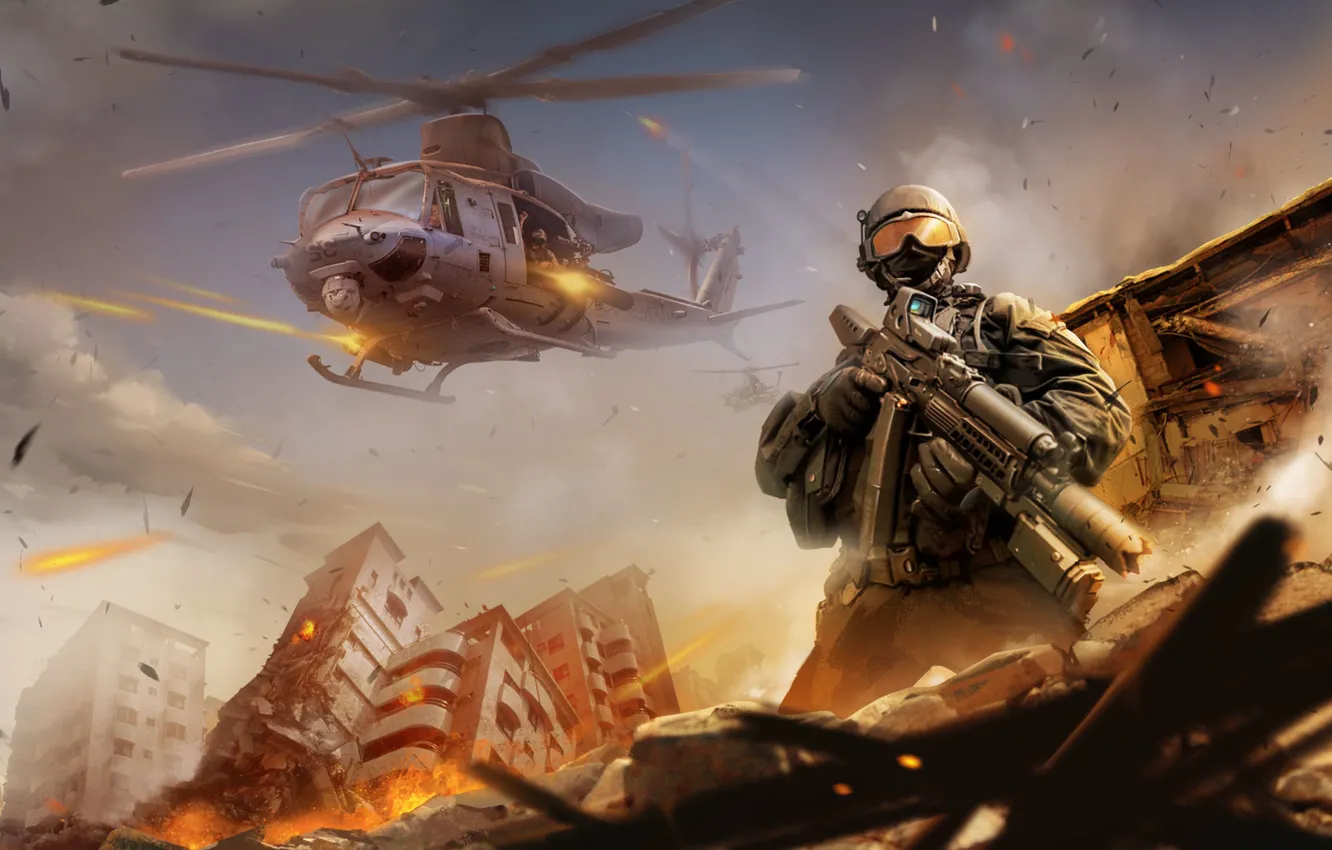 Photo wallpaper The city, Fire, Helicopter, Soldiers, Weapons, Destruction, Machine, Art