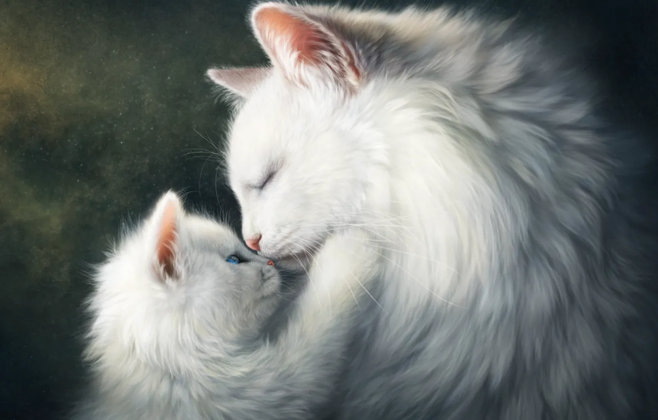 Photo wallpaper cat, animals, white, kitty, cats, feelings, baby, mom