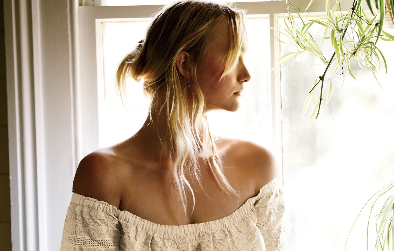 Photo wallpaper face, model, dress, actress, window, hairstyle, blonde, photographer