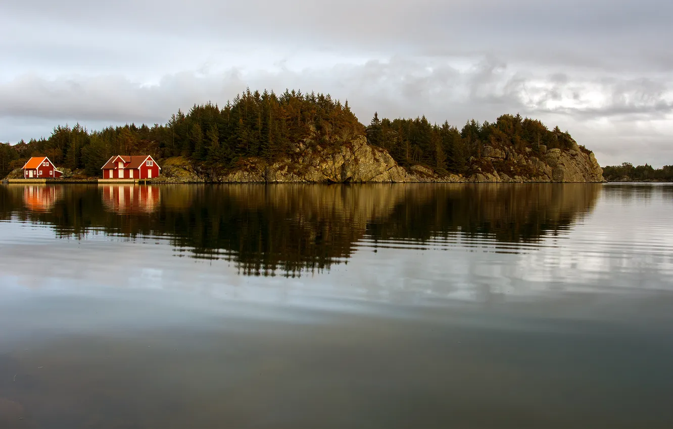 Photo wallpaper autumn, forest, the sky, clouds, nature, lake, home