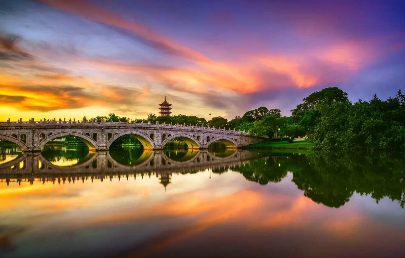 Photo wallpaper sunset, bridge, lake, reflection, Singapore, pond, Singapore, Chinese Garden