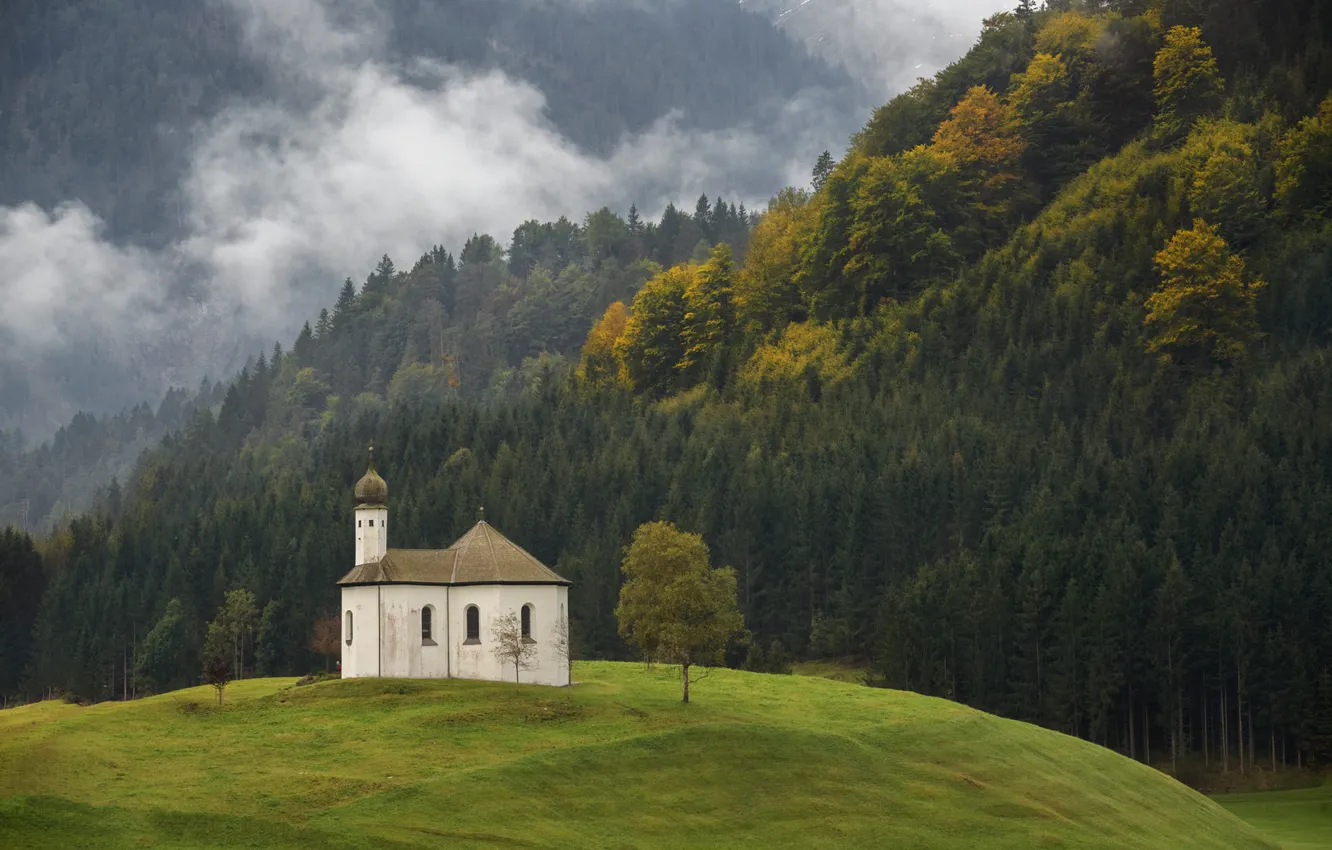 Photo wallpaper field, autumn, forest, mountains, hills, slope, Alps, Church