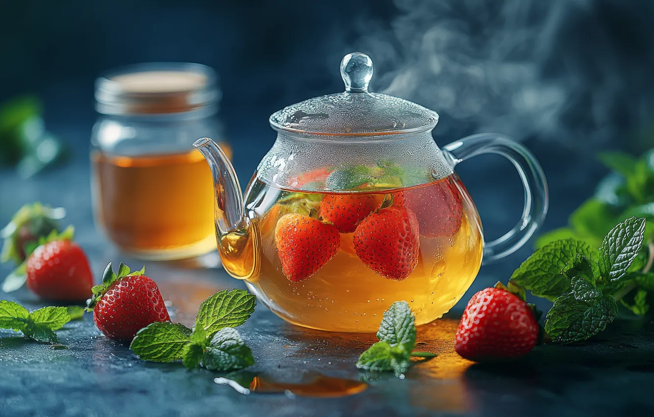 Photo wallpaper glass, berries, tea, hot, kettle, strawberry, pair, Bank