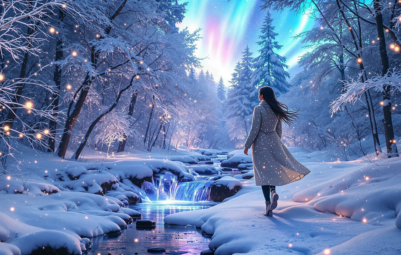 Photo wallpaper winter, frost, forest, the sky, girl, snow, trees, night