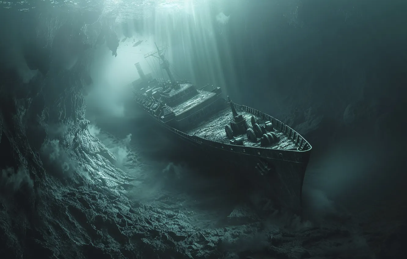 Photo wallpaper Ship, Digital art, Sunken, AI art, The Art of Artificial Intelligence, Neural network, The Bermuda …