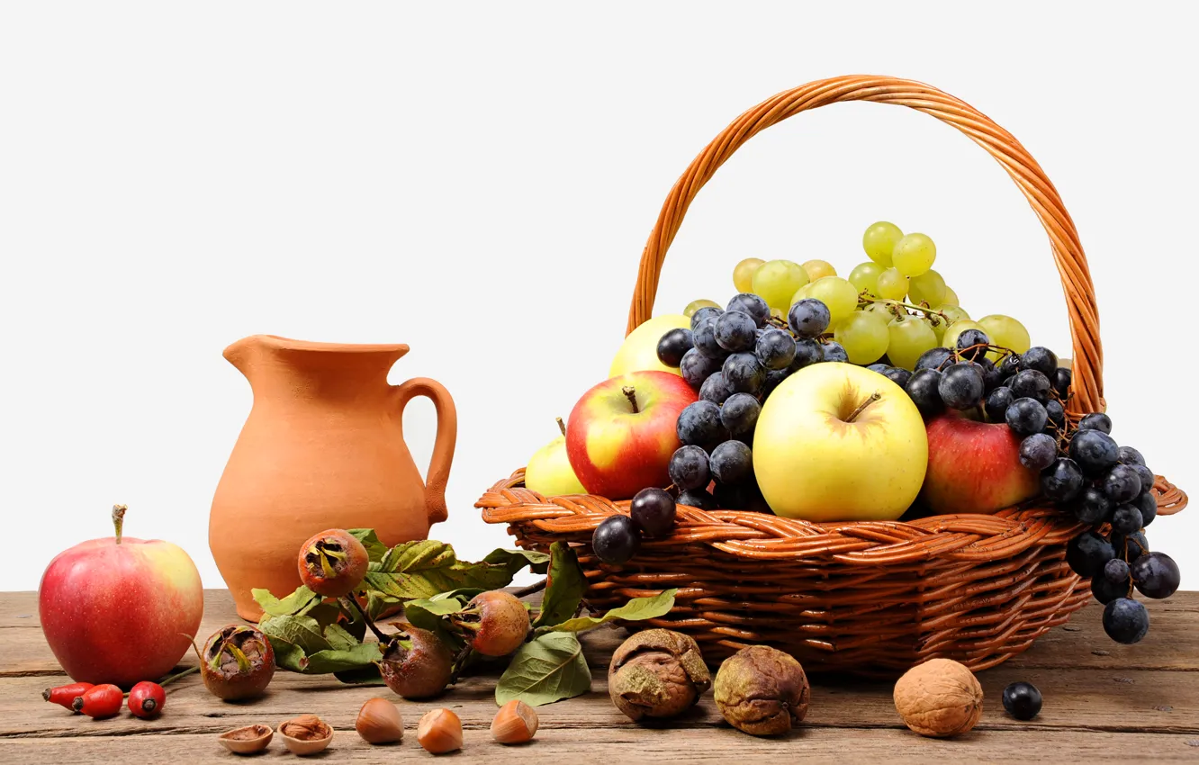 Photo wallpaper basket, apples, briar, grapes, pitcher, fruit, nuts