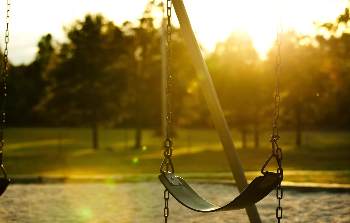 Photo wallpaper greens, leaves, the sun, rays, trees, background, swing, mood