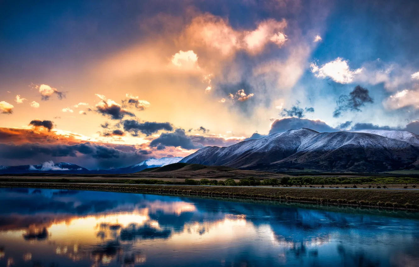 Photo wallpaper the sky, clouds, light, mountains, reflection, New Zealand, South island