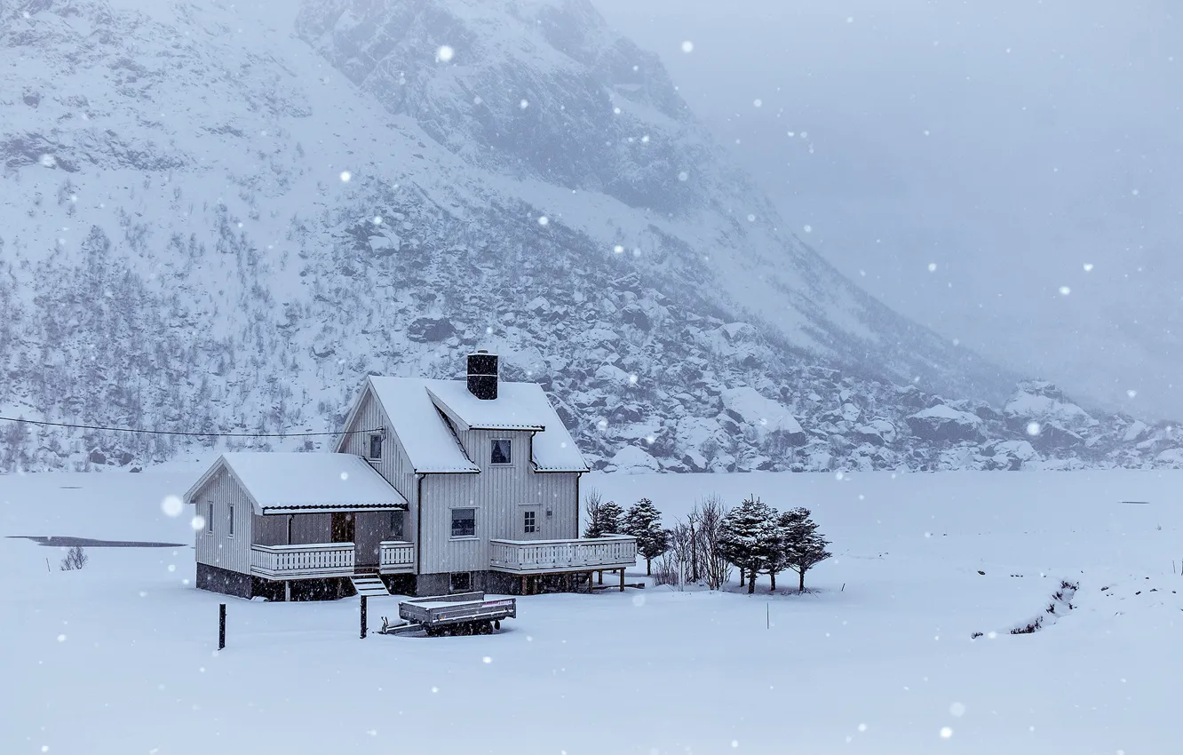 Photo wallpaper winter, snow, house, Norway, The Lofoten Islands