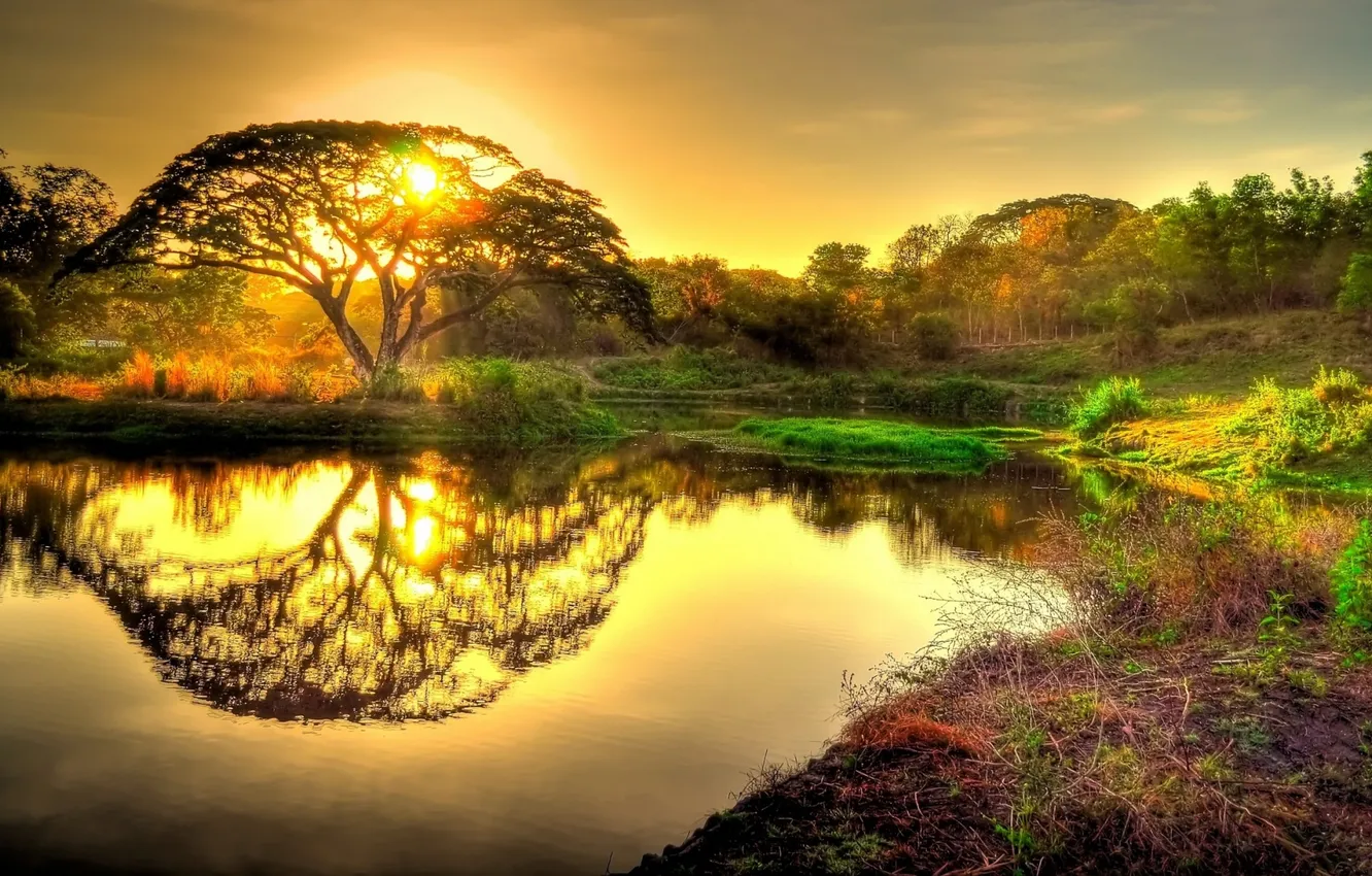 Photo wallpaper Sunset, beauty, Lake, Sunset, beauty, Lake, Reflection in the water, Reflection in the water