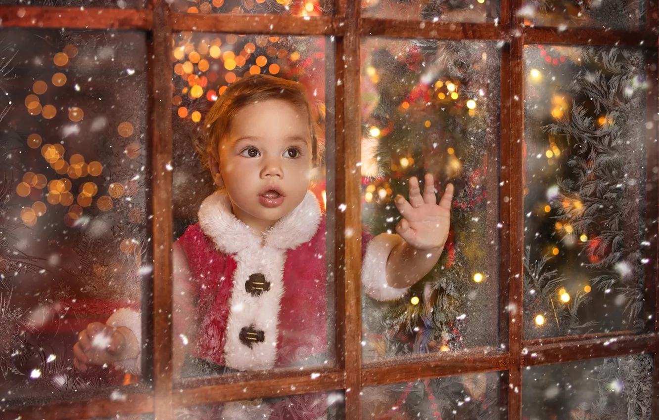 Photo wallpaper mood, holiday, window, frost, New year, child, little Santa