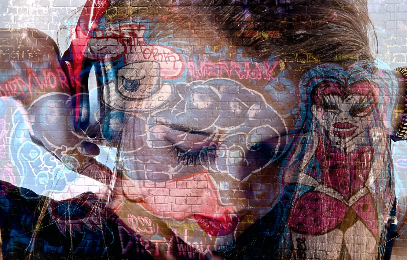 Photo wallpaper girl, graffiti, headphones, Rock Chick