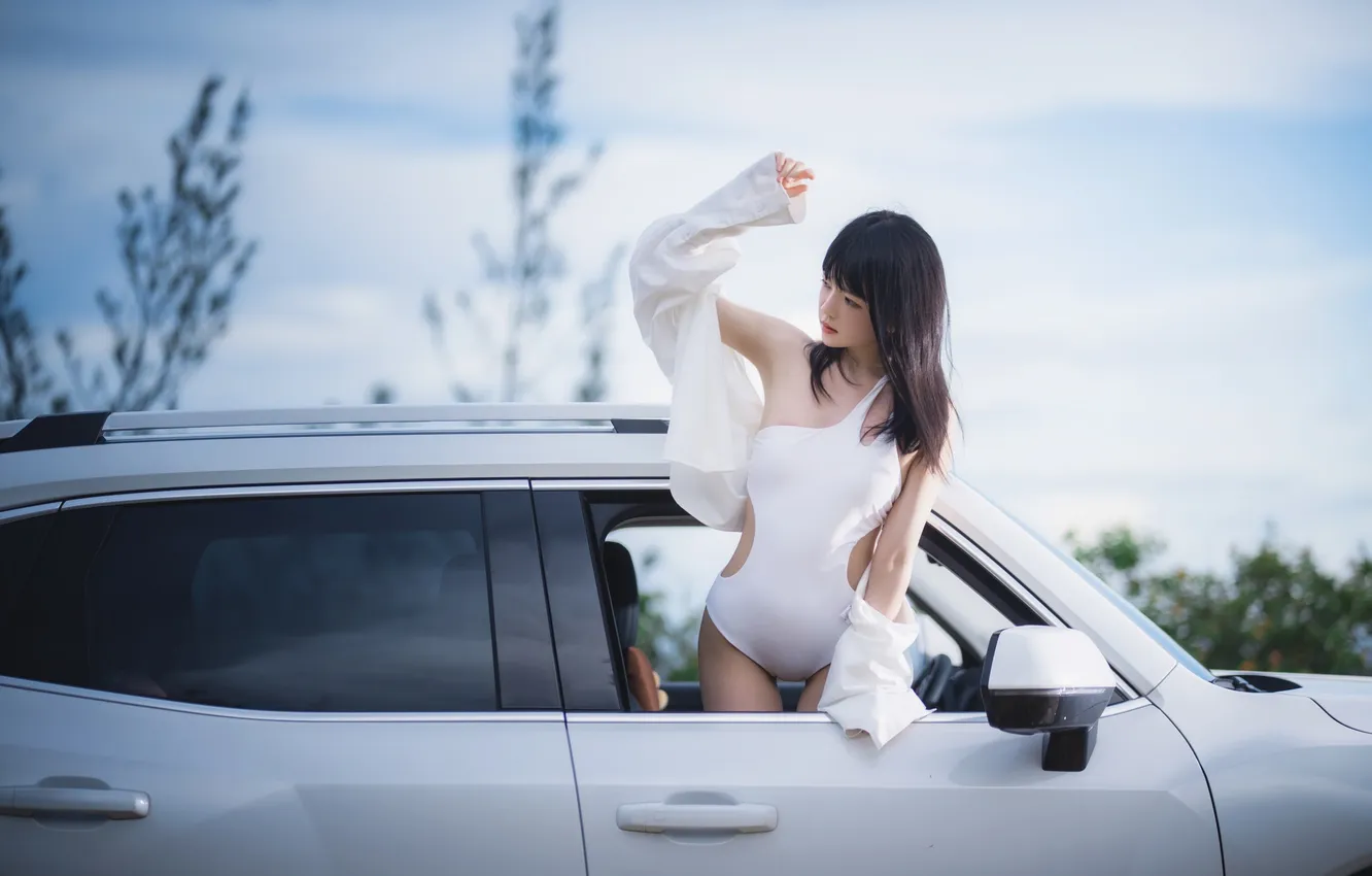 Photo wallpaper car, sky, woman, beautiful, evening, model, pretty, dusk