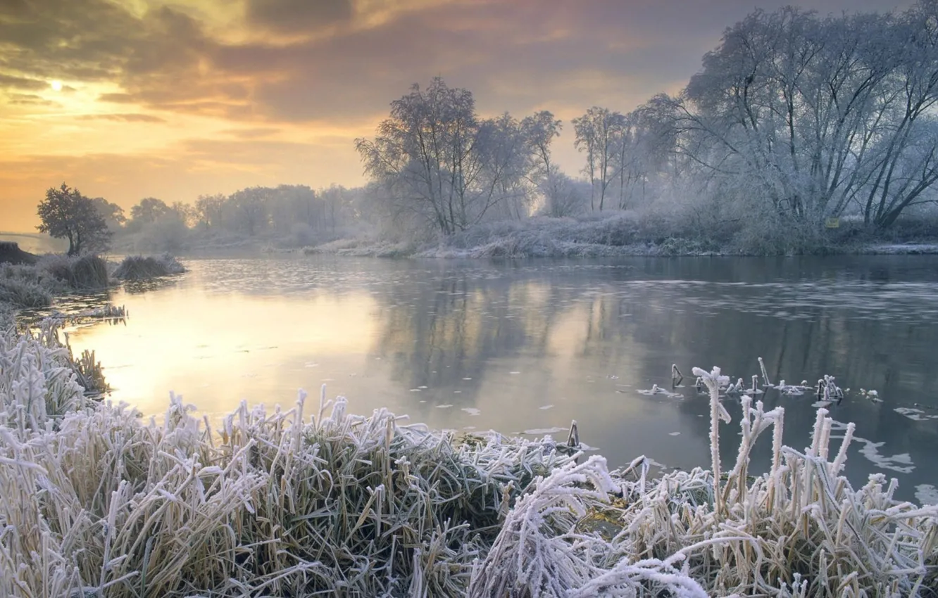 Photo wallpaper winter, snow, nature, river