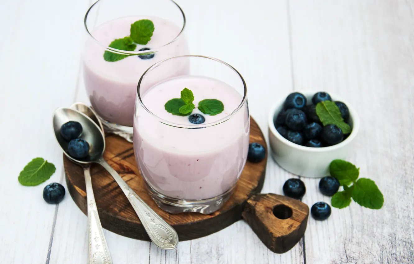 Photo wallpaper glass, Breakfast, blueberries, yogurt, Olena Rudo