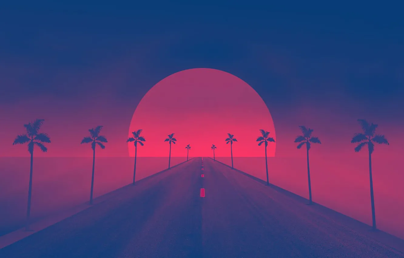 Photo wallpaper Sunset, The sun, Road, Palm trees, Synthpop, Darkwave, Synth, Retrowave