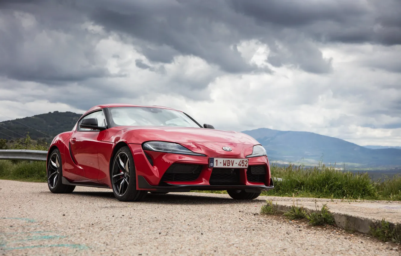Photo wallpaper mountains, coupe, Toyota, Supra, the fifth generation, mk5, double, on the side