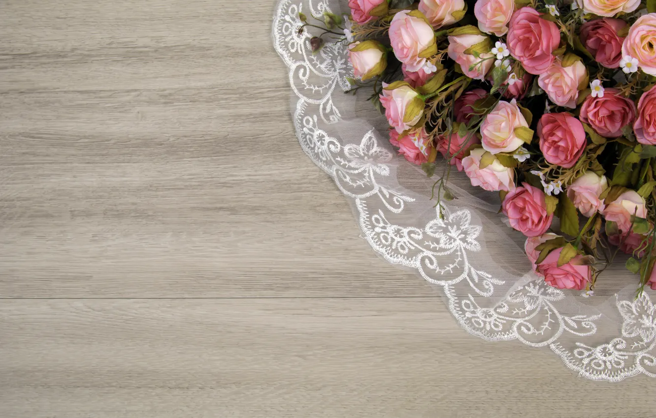 Photo wallpaper flowers, roses, wood, pink, flowers, roses