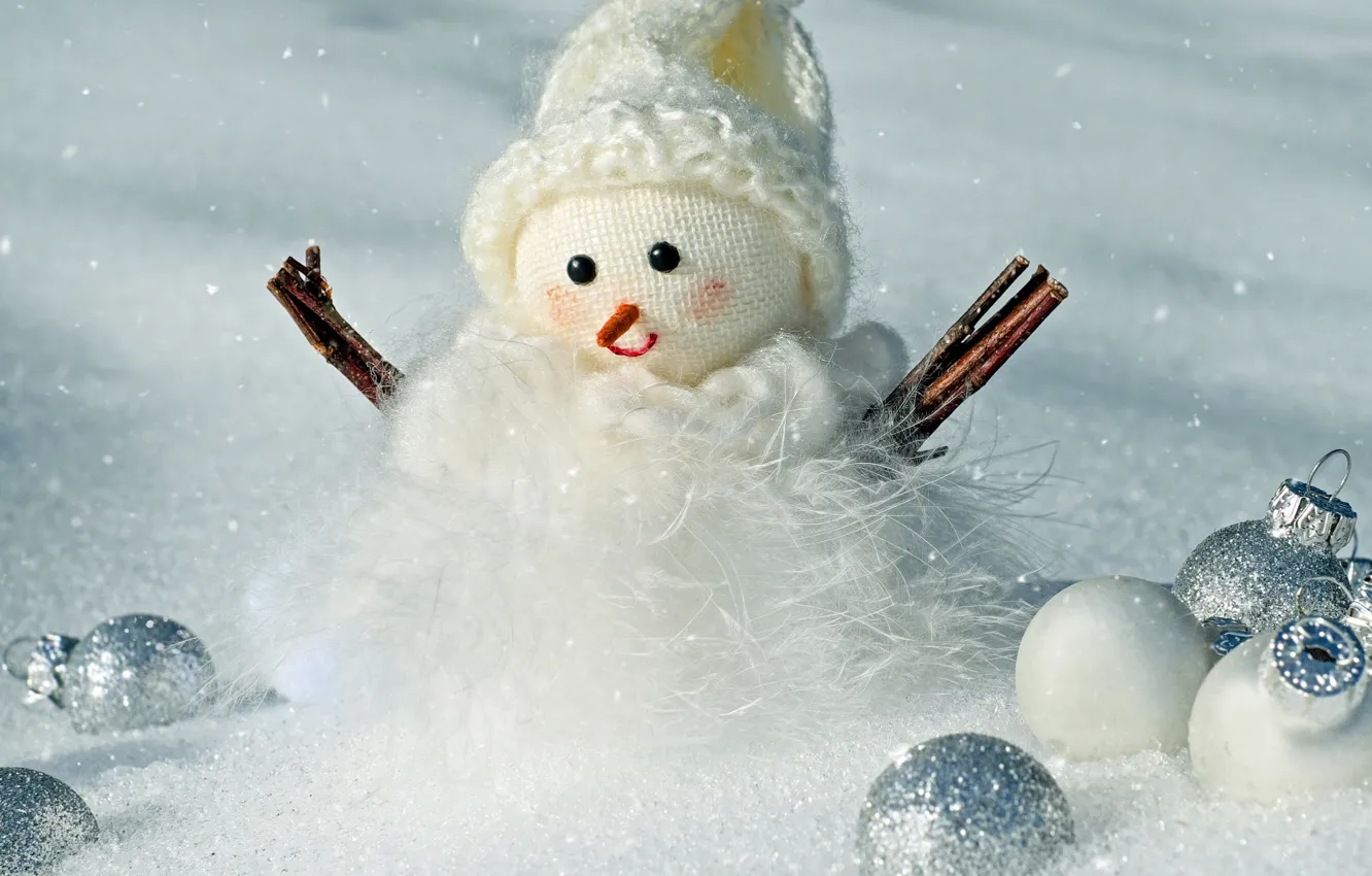 Photo wallpaper winter, white, balls, snow, branches, background, holiday, balls