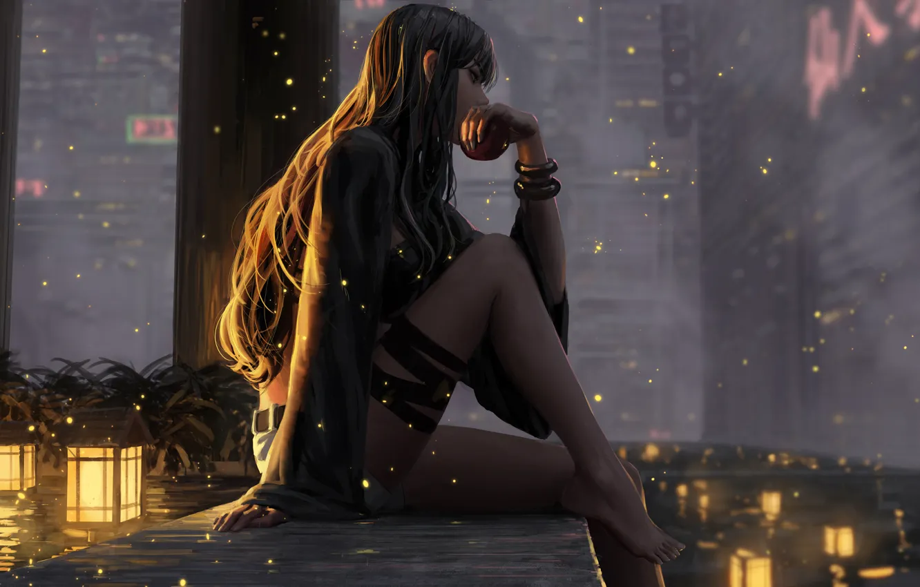 Photo wallpaper girl, anime, night, sadness, lights