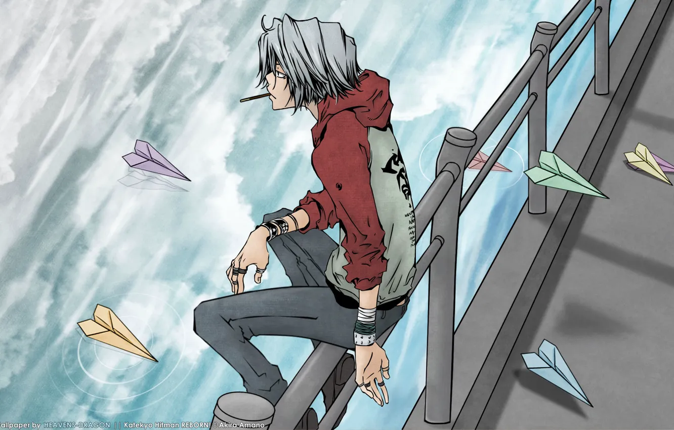 Photo wallpaper water, anime, art, katekyo Hitman reborn, silver hair, vongola, paper airplanes, gokudera hayato