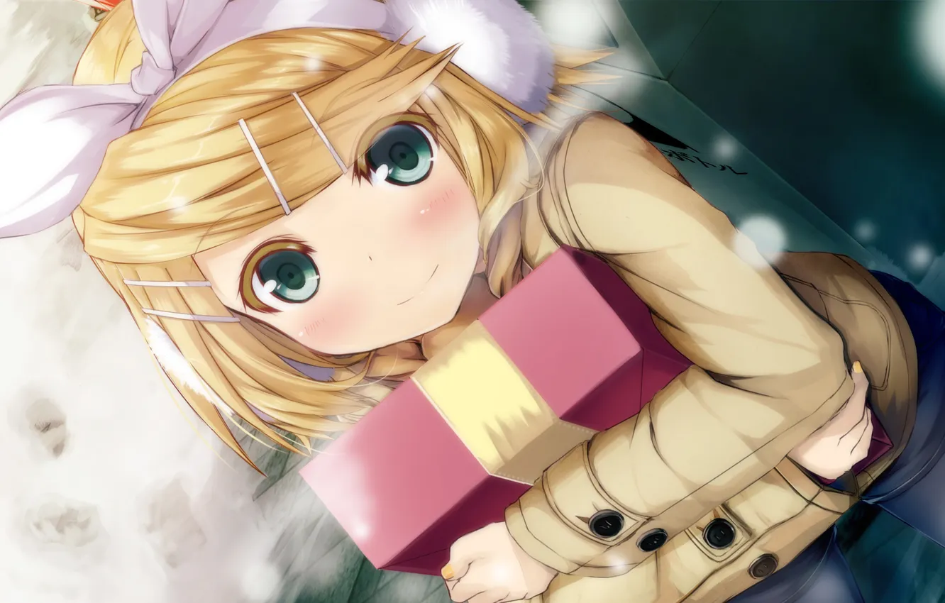 Photo wallpaper cold, girl, smile, gift, shorts, jacket, pair, tights