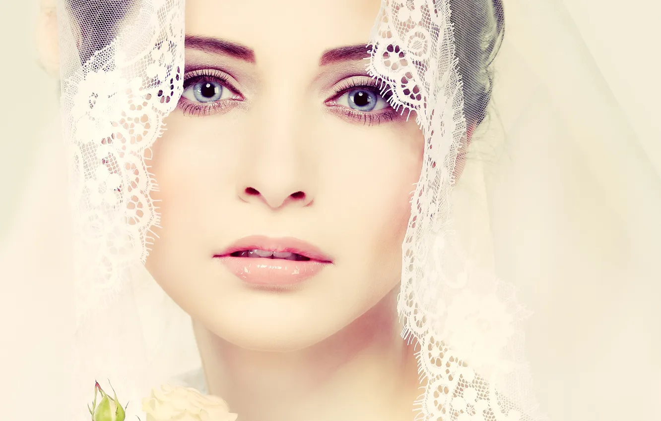 Photo wallpaper girl, face, roses, the bride, veil