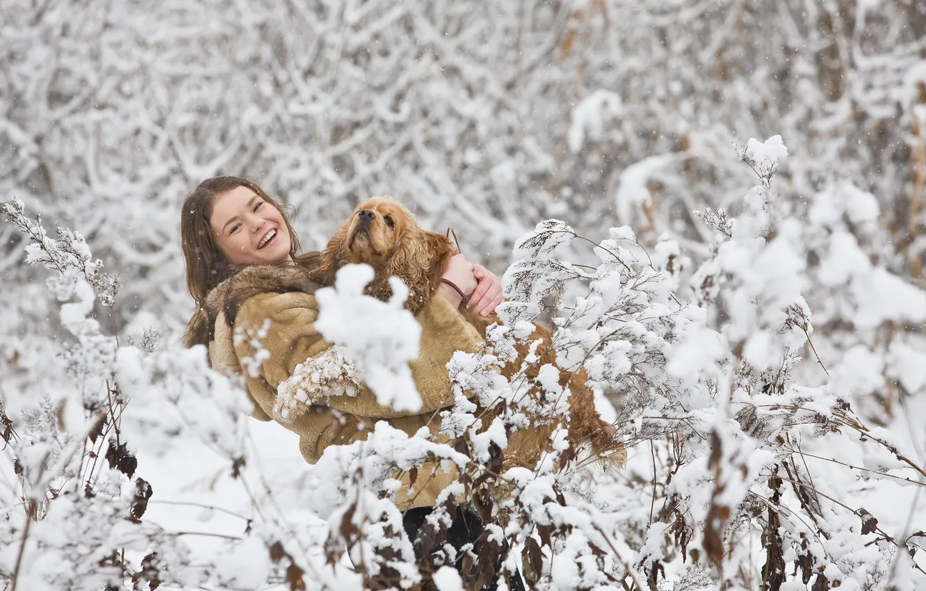 Photo wallpaper winter, girl, snow, mood, dog