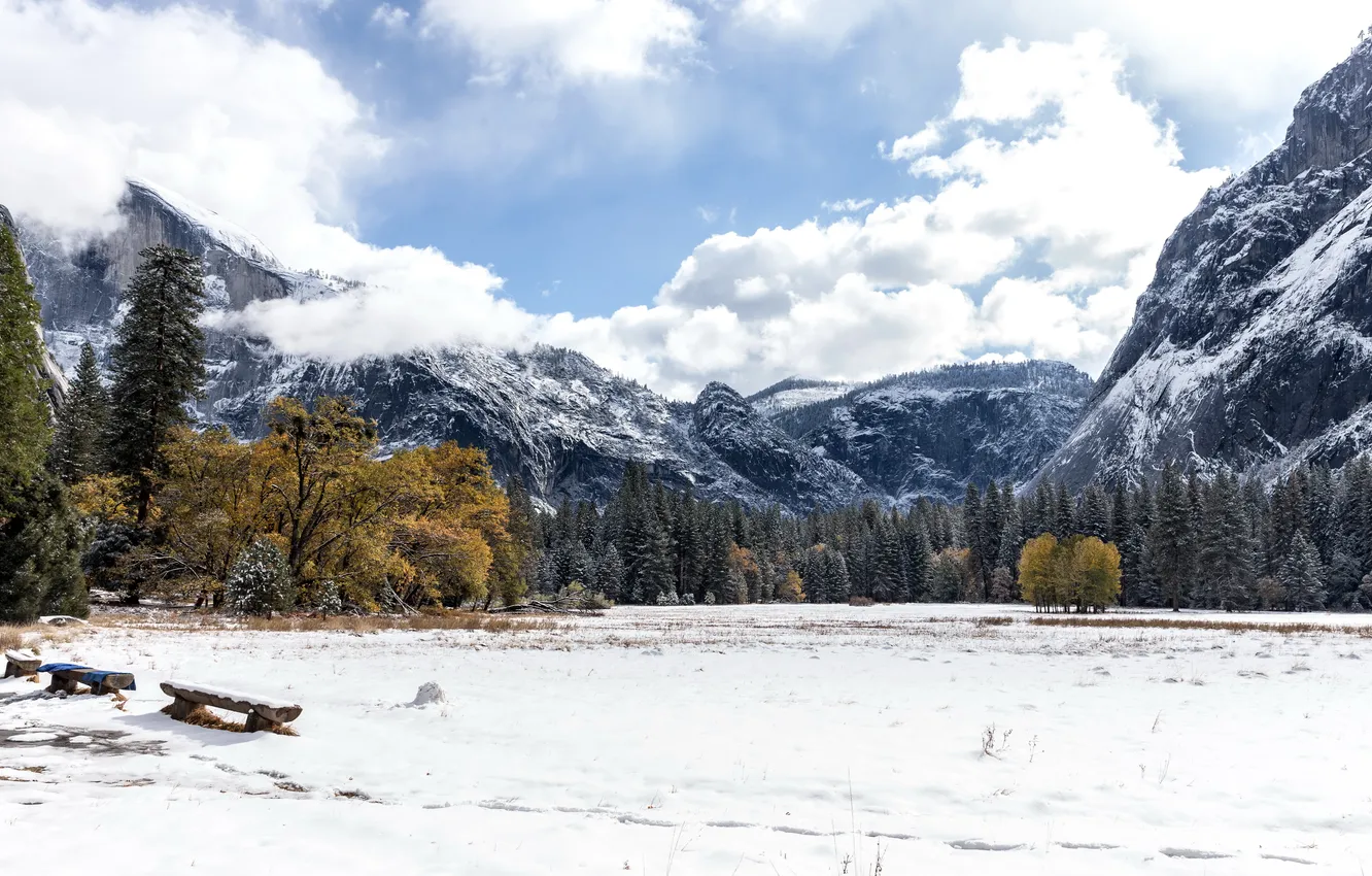 Photo wallpaper winter, landscape, mountains, bench