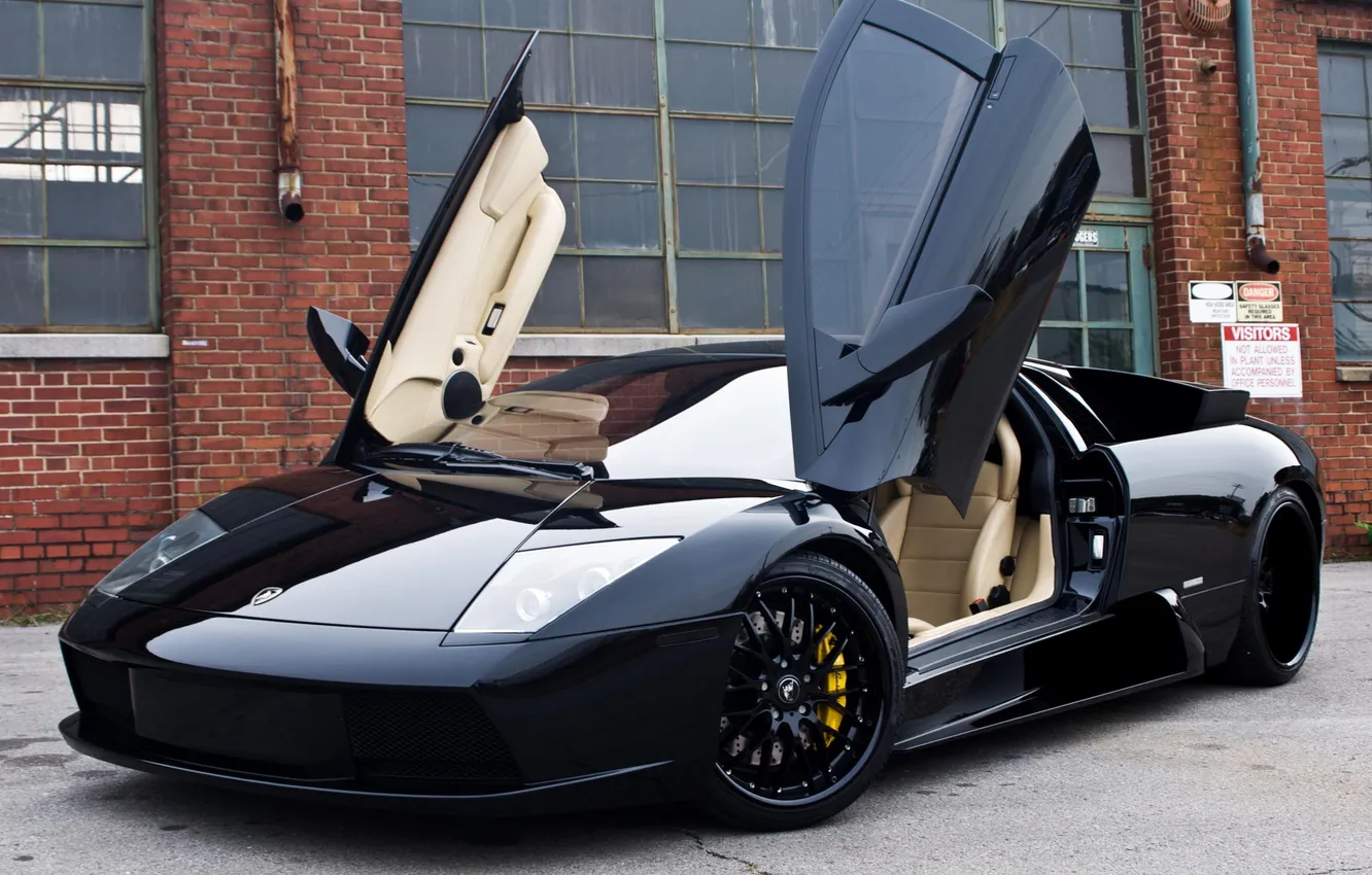 Photo wallpaper the building, Windows, black, lamborghini, black, murcielago, lp640, Lamborghini