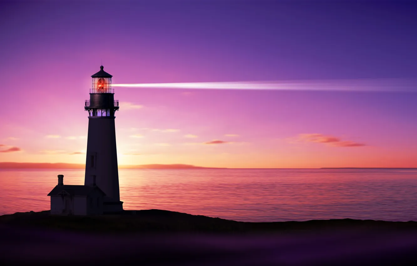 Photo wallpaper sea, the sky, dawn, coast, lighthouse, horizon, glow, spotlight