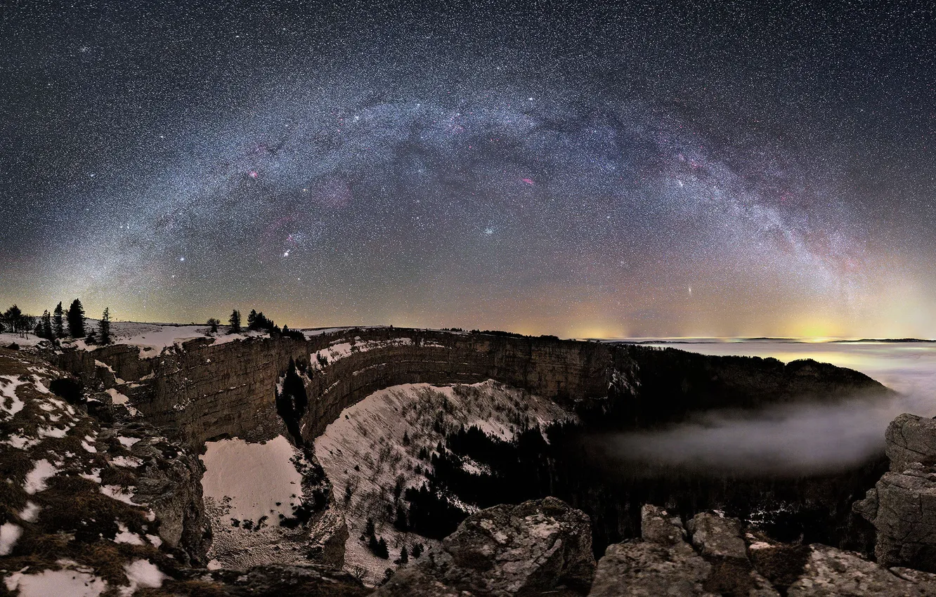 Photo wallpaper winter, forest, the sky, space, stars, clouds, snow, night
