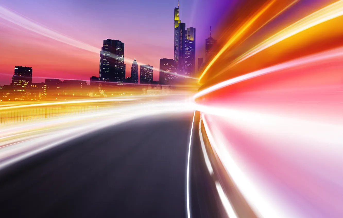 Photo wallpaper sunset, the city, lights, markup, track, the evening, high exposure