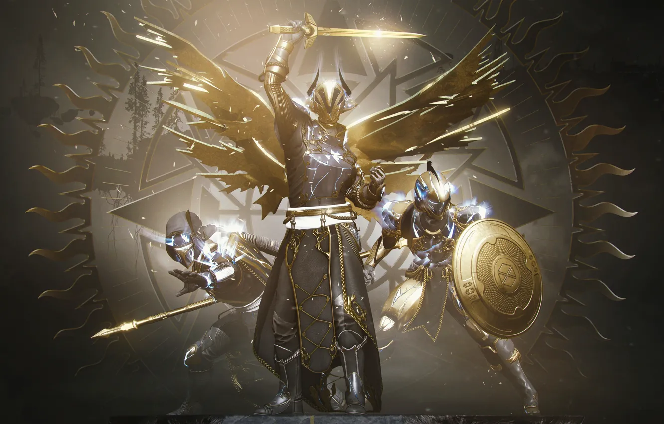 Photo wallpaper Sword, Armor, Glow, Hunter, Bungie, Shield, The warlock, Titan