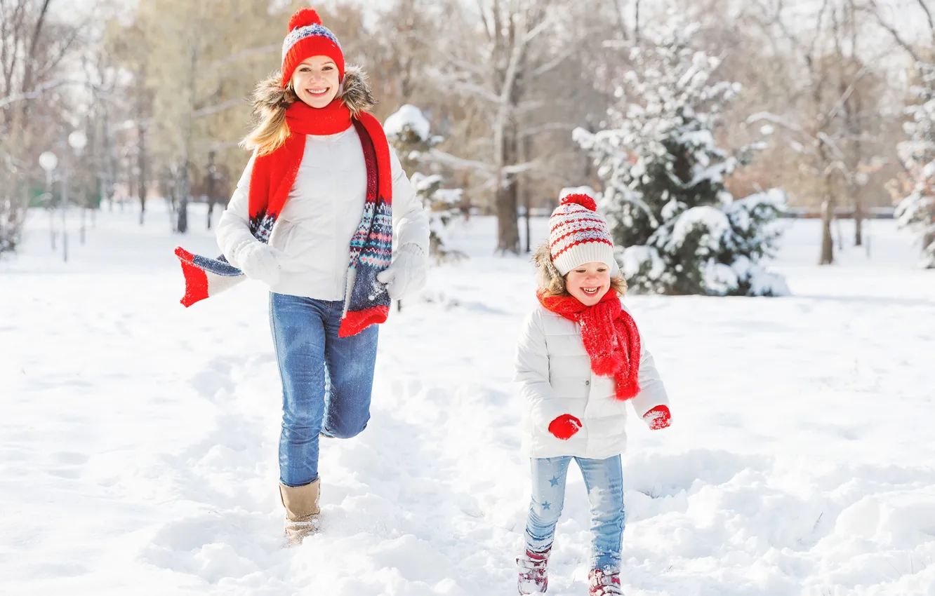 Photo wallpaper winter, snow, joy, children, woman, running, jacket, girl