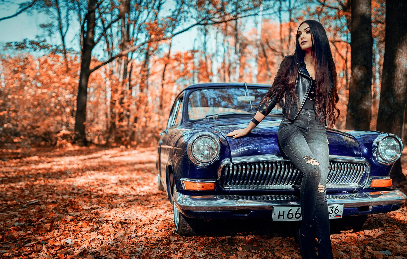 Photo wallpaper machine, autumn, forest, look, girl, light, trees, nature