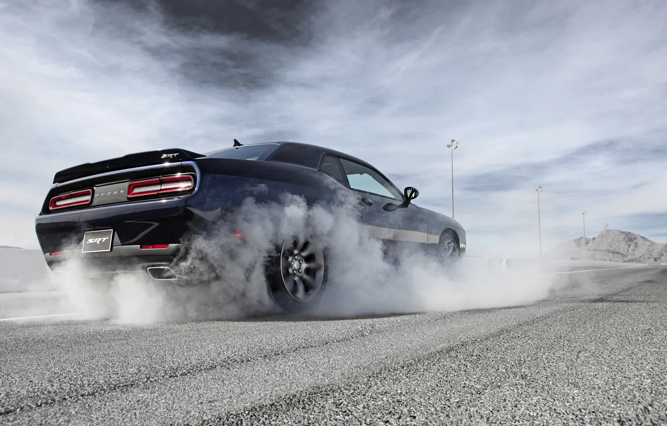 Photo wallpaper The sky, Road, Smoke, Dodge, Challenger, Hemi, Muscle Car, 2015