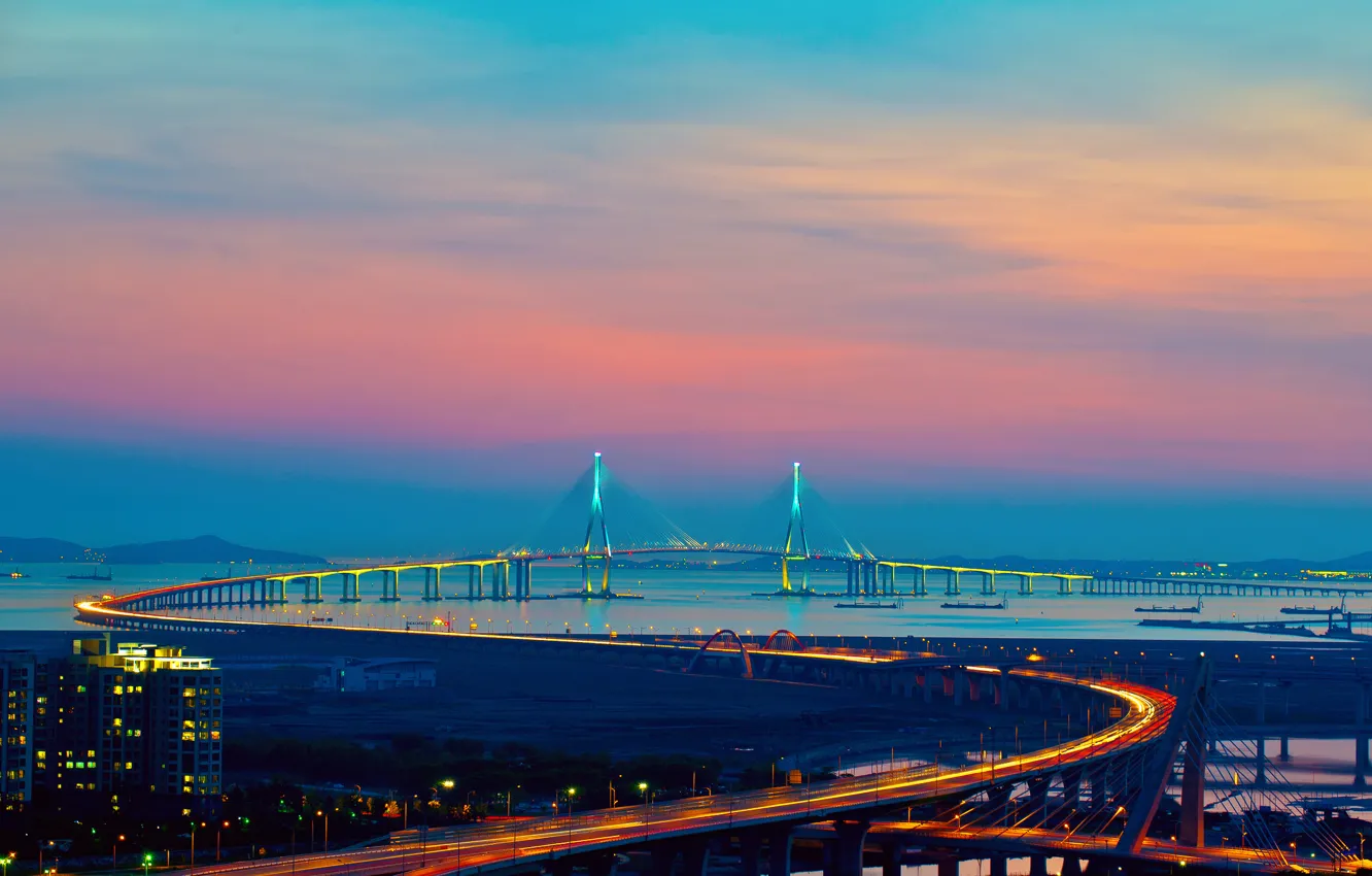 Photo wallpaper bridge, the city, lights, Korea, Incheon