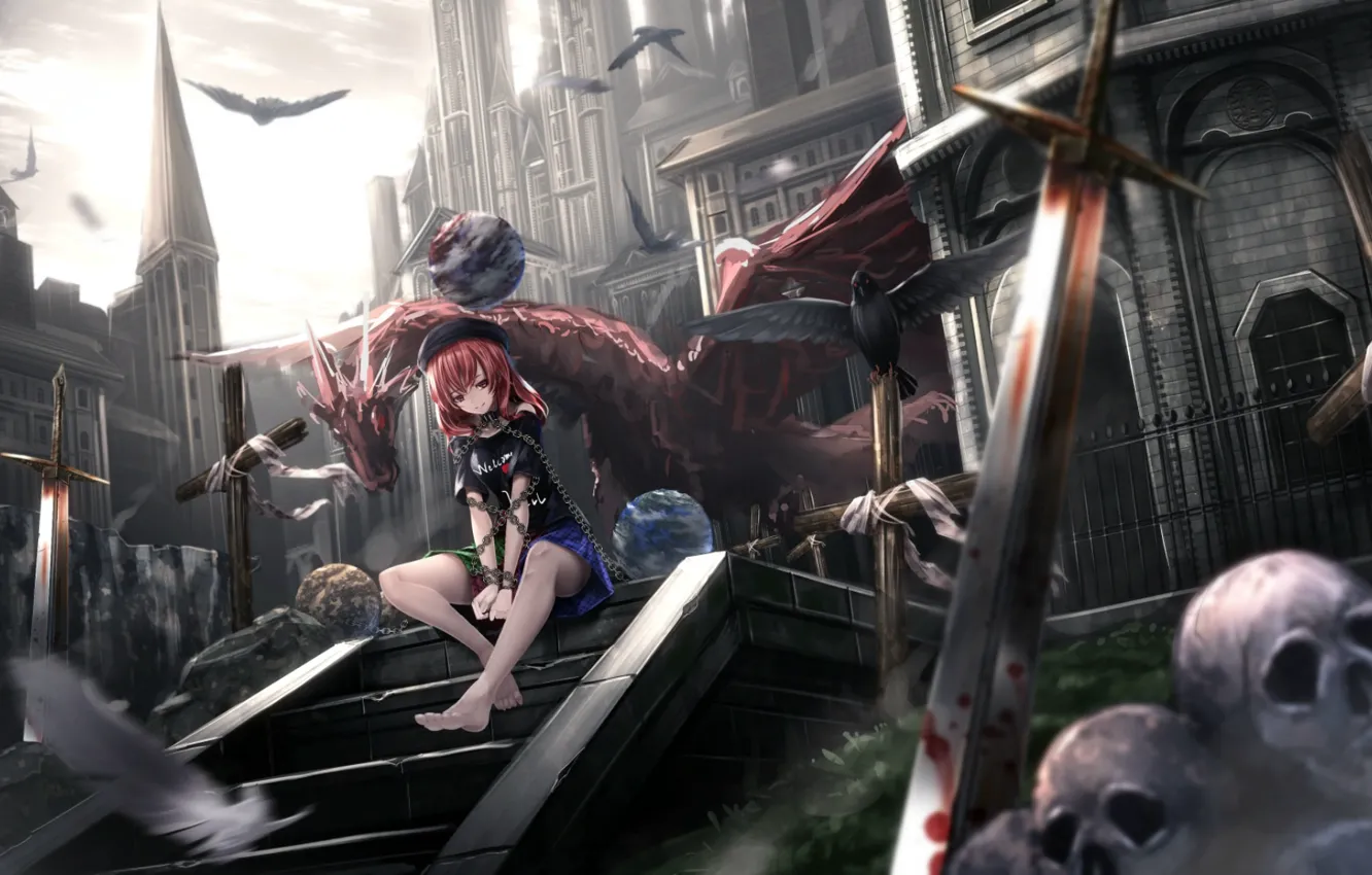 Photo wallpaper Gothic, crosses, blood, the victim, skull, chain, swords, Touhou Project