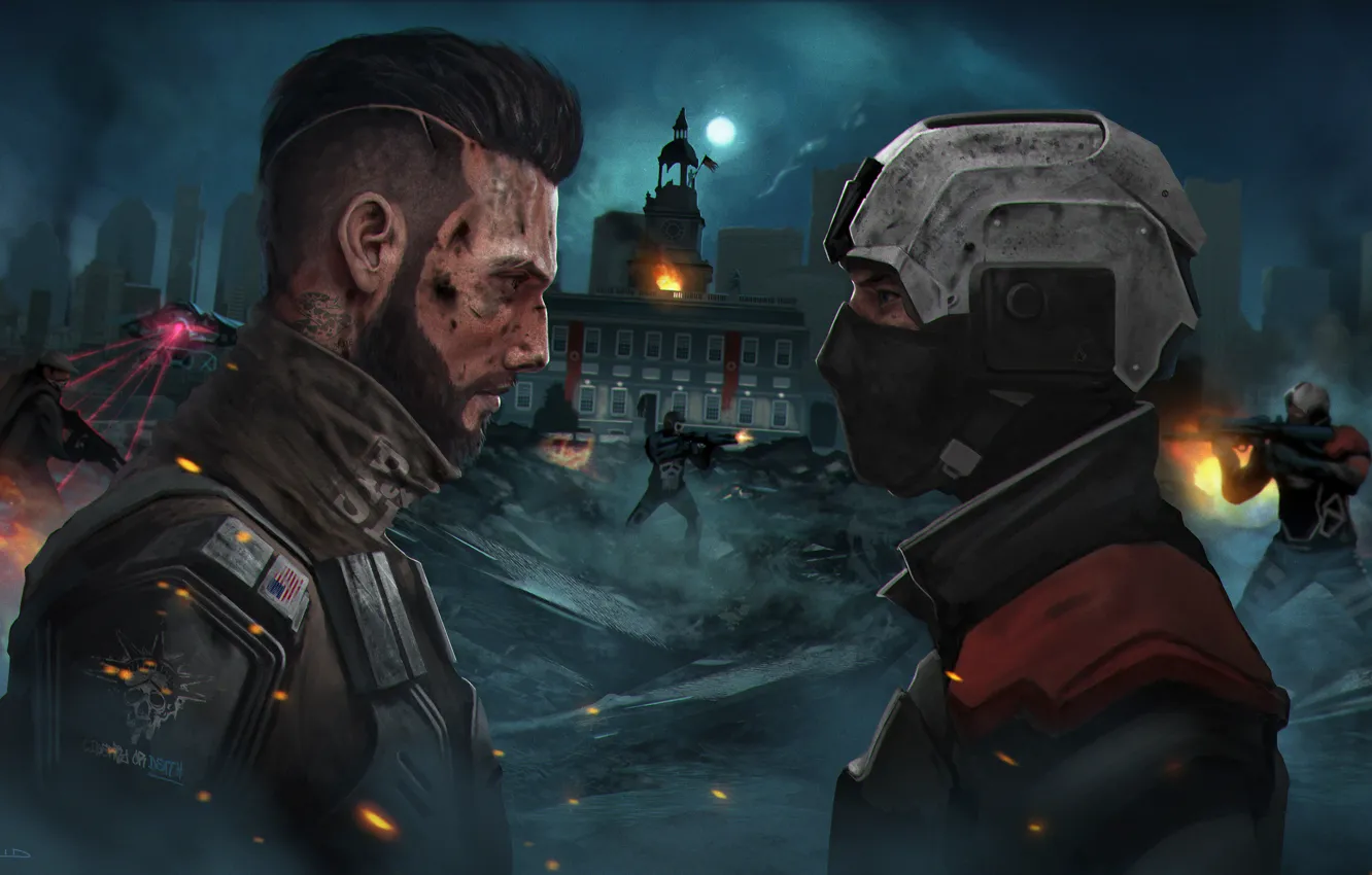 Photo wallpaper the opposition, mask, art, soldiers, helmet, Homefront: The Revolution