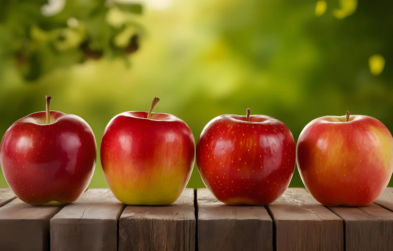 Photo wallpaper red, apples, Board, green background, AI art, neural network