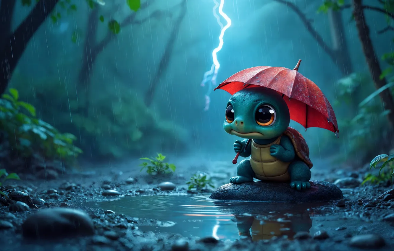 Photo wallpaper sadness, forest, water, lightning, bad weather, the clearing, a small turtle with an umbrella