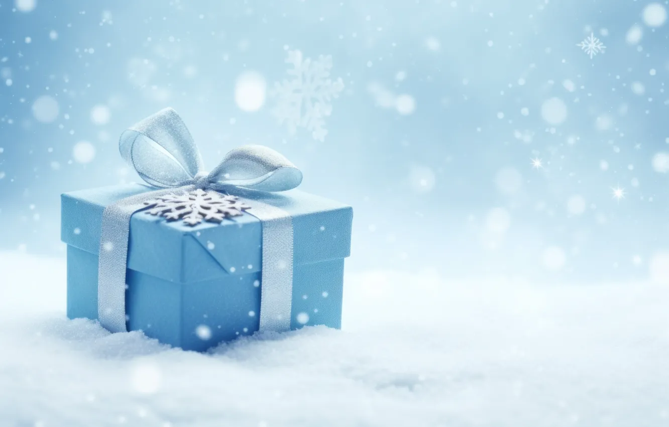 Photo wallpaper winter, snow, gift, new year, Christmas, bow, light background, bow