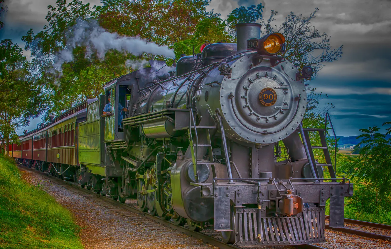 Photo wallpaper trees, retro, the engine, hdr, the car, composition