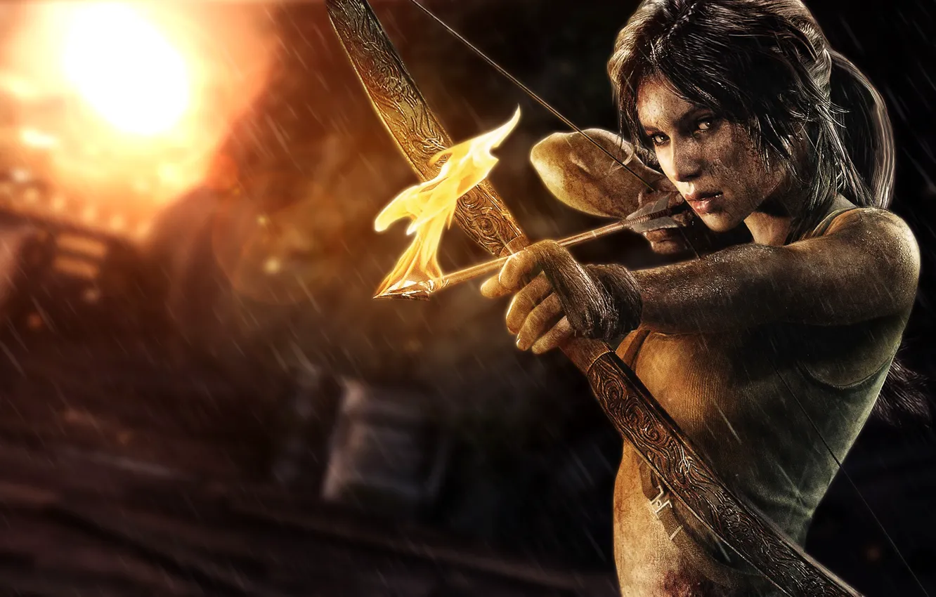 Photo wallpaper girl, fire, bow, arrow, Lara Croft, lara croft, tomb raider