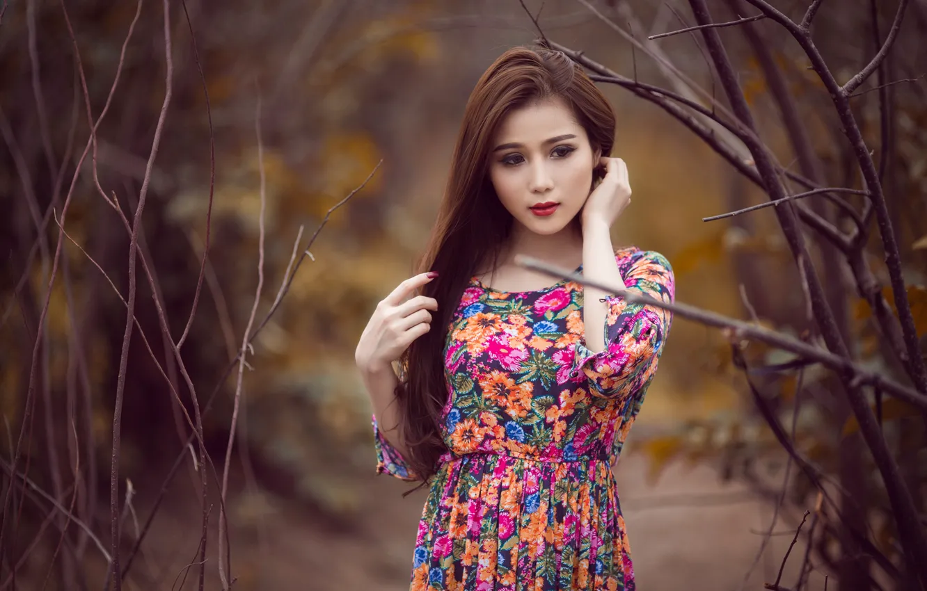 Photo wallpaper pose, model, portrait, makeup, dress, hairstyle, brown hair, Asian