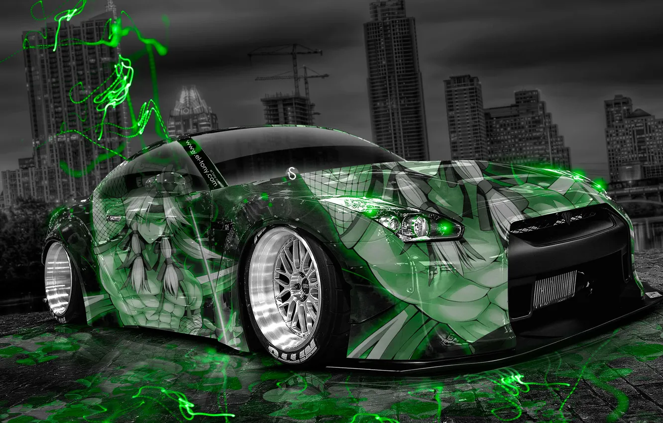Photo wallpaper Night, The city, Neon, Green, Tuning, Style, Nissan, Wallpaper