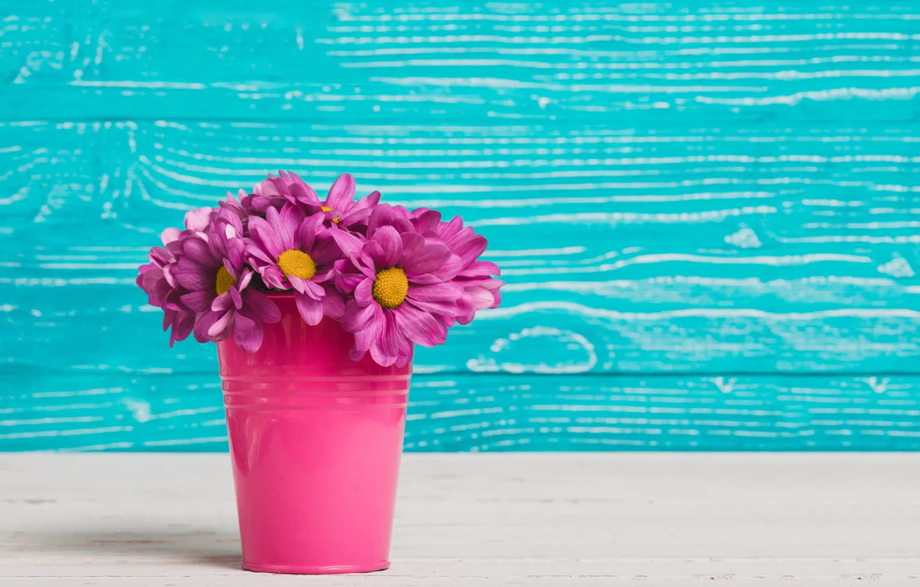 Photo wallpaper flowers, flowers, wood, bouquet, bucket, purple